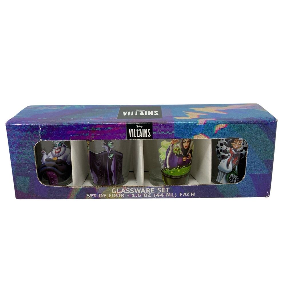 Disney Villains Shot Glass Set of 4 Ursula Maleficent Evil Queen Cruella 1.5oz